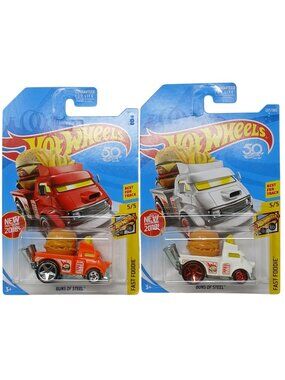 2 Hot Wheels Fast Foodie Buns Of Steel Die-Cast Cars Orange & White Variation #D